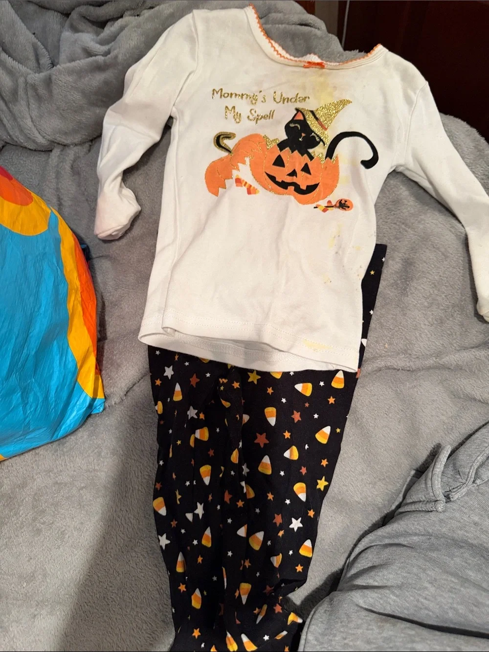 Kids Halloween Pajama Set - White Top & Black Candy Corn Pants